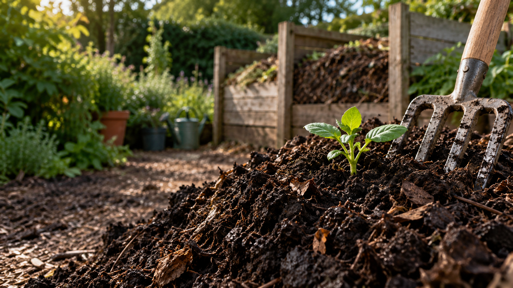 Dark crumbly compost and a young seedling in a horticultural setting